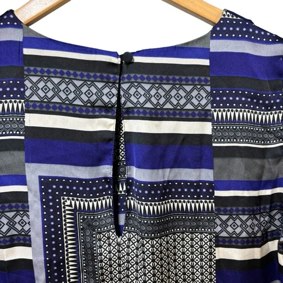 H&M Blue Geometric Scarf Print Shift Dress 3/4 Sleeve Keyhole Back Size 6 #185 - Picture 3 of 5